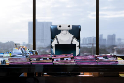 Robot siedzący za biurkiem, przed stosem dokumentów.