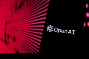 Open AI logo na czerwonym tle